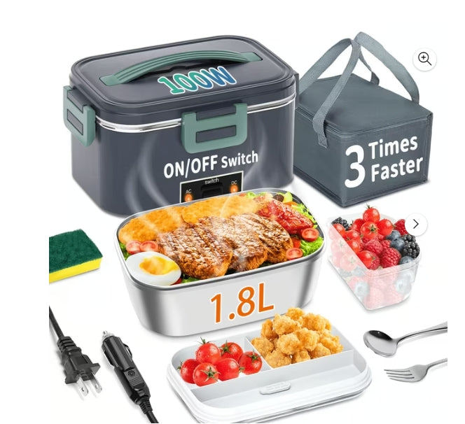 Electric Heated Lunch Box 100W -1.8L Fast Self Heating Lunch Boxes Portable Food Heater for Adults,12V/24V/110V with Leak-Proof Compartment Lid for Car Truck Office Home Green (3 Times Faster)
