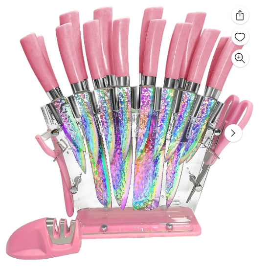 Titanium Knife Set, Non Stick Thick and Sharp Stainless Steel 18 Pcs Cutlery Kitchen Knives Set with Acrylic Block, Chef Quality for Home & Pro Use, Best Gift, Pink Color