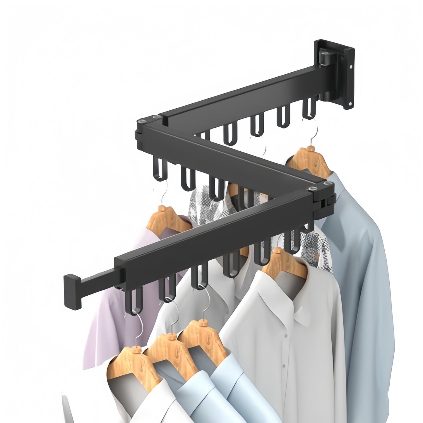 KYFIU Wall Mounted Clothes Drying Rack, Foldable Clothes Drying Rack, Scalable Retractable Triple Fold Indoor/Outdoor with 18 Hooks, Grey