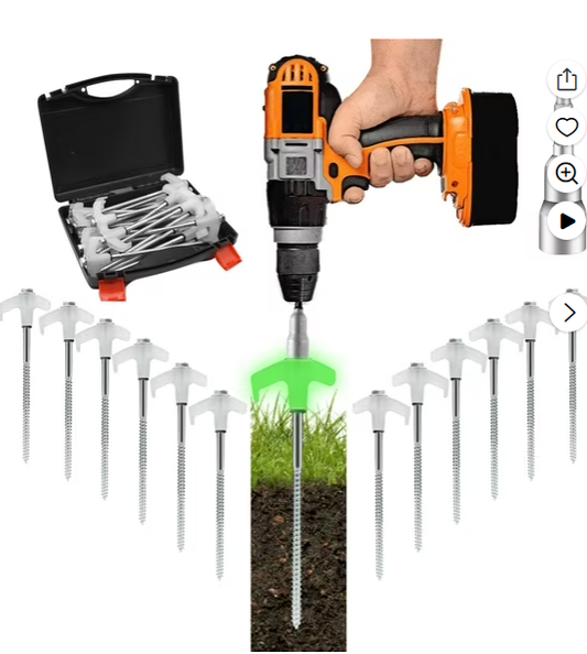 16 Pcs 8" Heavy Duty Metal Threaded Tent Stakes Tent Pegs Ground Stakes Glow in The Dark Drill in Style Ground Anchors Screw in for Yard Camping Garden Canopies Grassland (Hex Tool and Carry Case)
