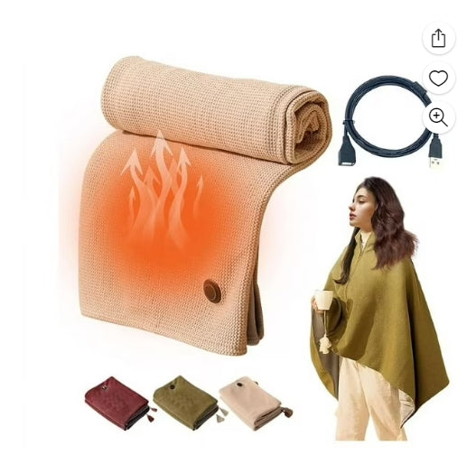 Portable Heated Shawl Wraps for Women, Portable Heated Blanket Zipper Electric Heated Blanket Shawl, USB Heated Blanket Shawl (Khaki)